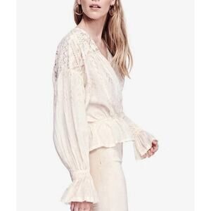 Free People Women Top Small Cream Gold Blouse Boho Counting Stars Raw Hem